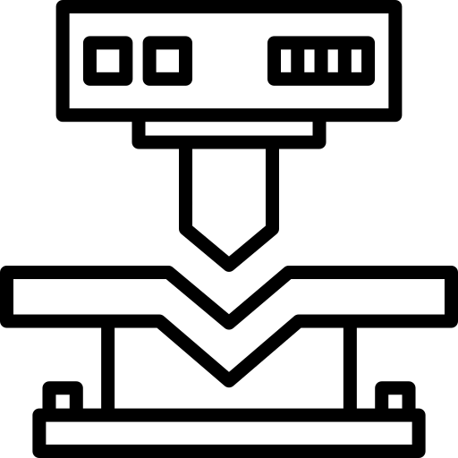 A white icon of a precision manufacturing machine with an arrow on it.