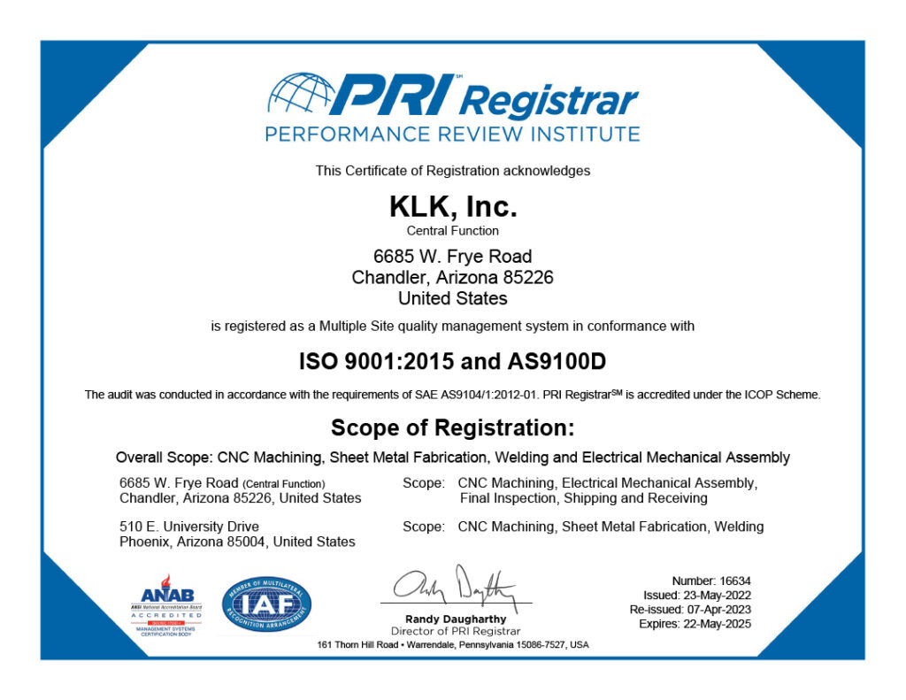 Image of a certificate of registration for plk, inc. from pri registration, certifying compliance with iso 9001:2015 and as9100d for quality and manufacturing solutions management.